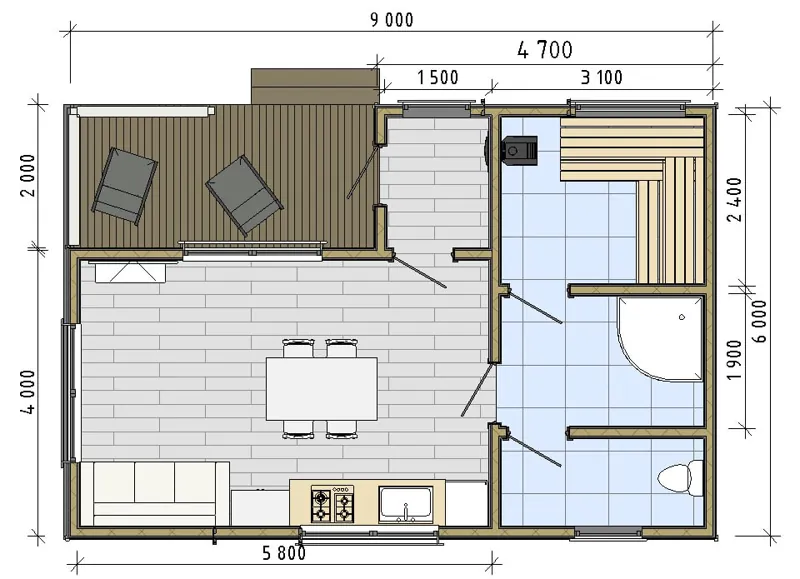 План: Садовый дом-баня 6х9 с террасой 2х4, 54 м²