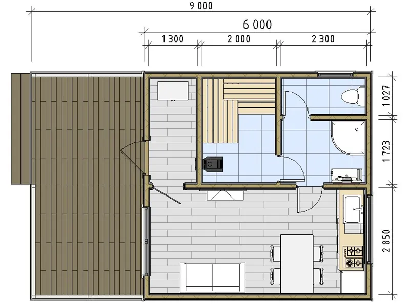 План: Садовый дом-баня 6х9 с террасой 3х6, 54 м²