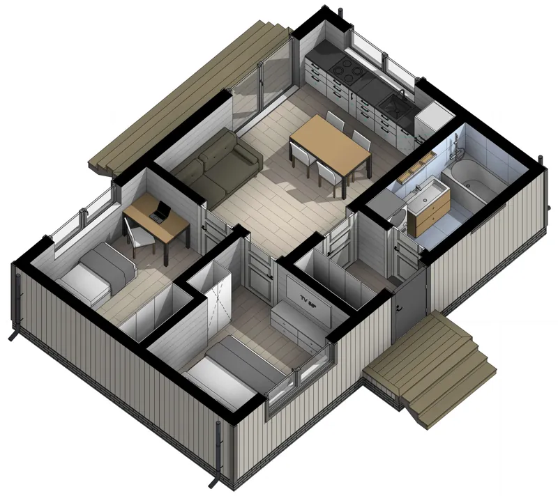 Объёмная планировка с расстановкой мебели: Богри 6х9 Ц2, 54 м²