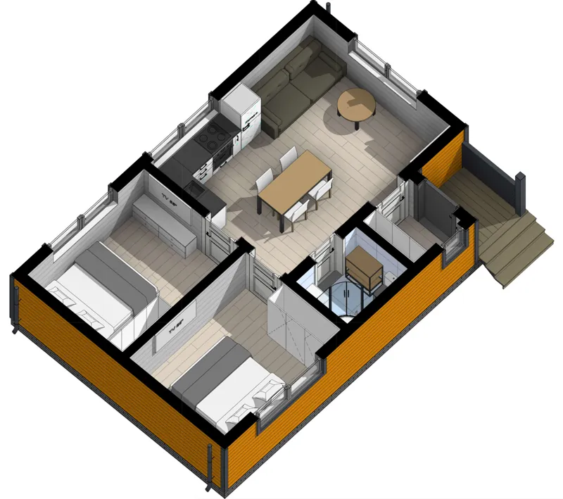 Объёмная планировка с расстановкой мебели: Богри 6х9 с террасой 1х2, 54 м²