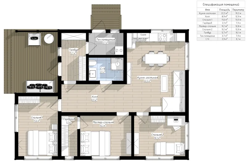 План: Богри 9х12 с террасой 4,5х3, 108 м²