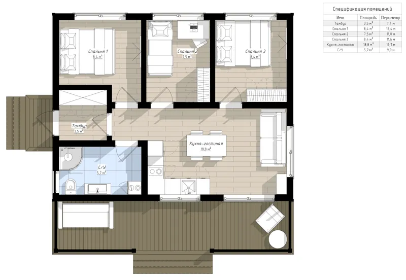 План: Богри 9х9 с террасой 2х9, 81 м²