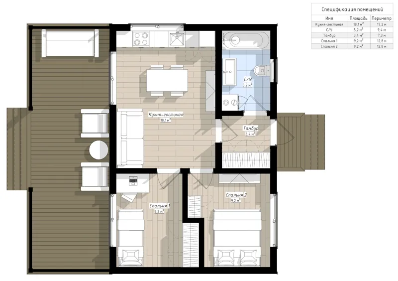 План: Богри 9х9 с террасой 3х9, вариант 2, 81 м²