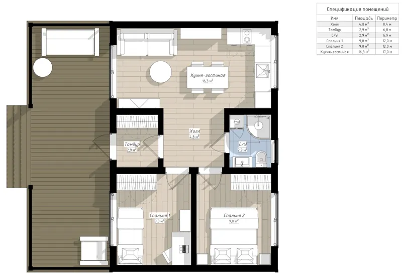 План: Богри 9х9 с террасой 3х9, 81 м²