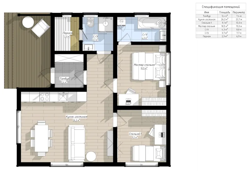 План: Богри 9х9 с террасой 4,5х2 и сауной, 81 м²