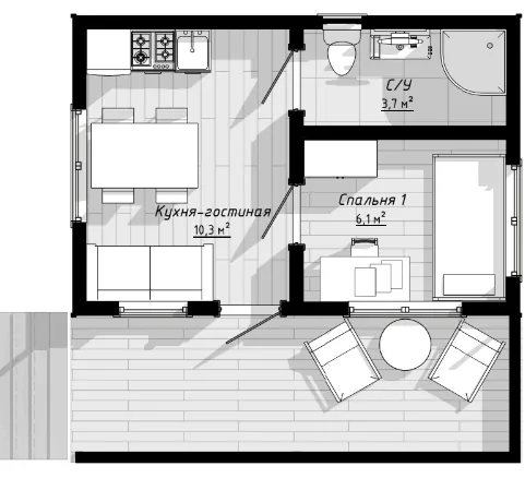 План: Мини-дом 6х4 с террасой 2х6, 36 м²