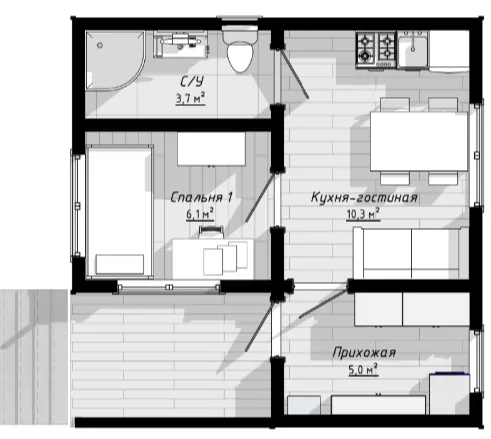 План: Мини-дом 6х4 с закрытой террасой 2х6, 36 м²