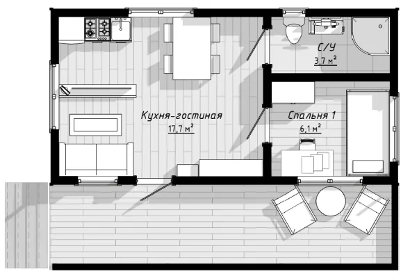 План: Мини-дом 8х4 с террасой 2х8, 48 м²