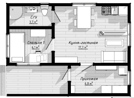 План: Мини-дом 8х4 с закрытой террасой 2х8, 48 м²
