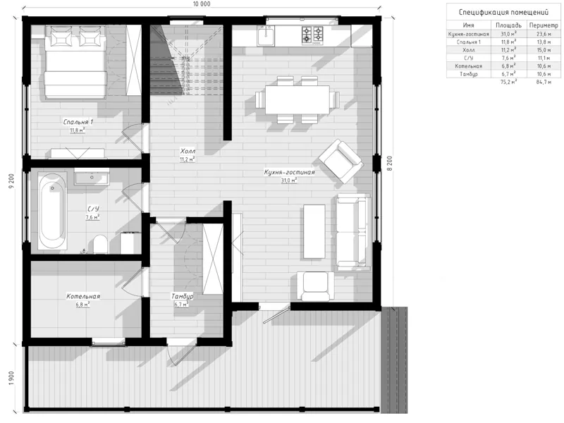 План 1-го этажа: Петергоф 8х10, 172 м²