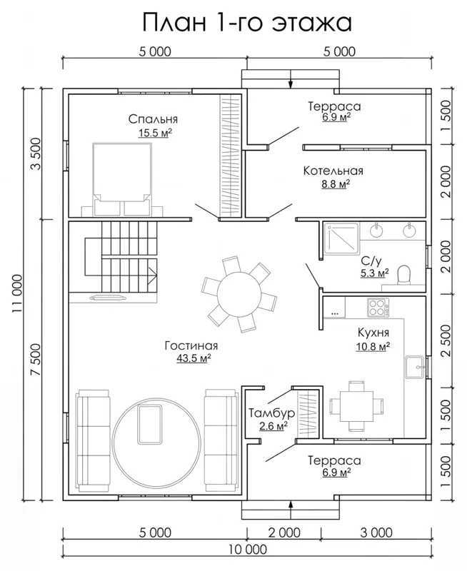 План 1-го этажа: Репино 10х11, 220 м²