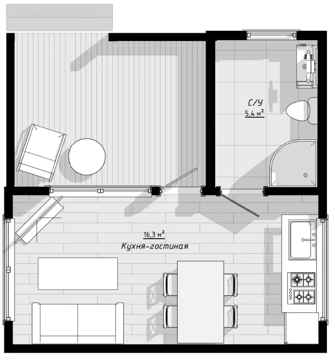 План: Садовый дом 6х6 с террасой 3х4, 36 м²