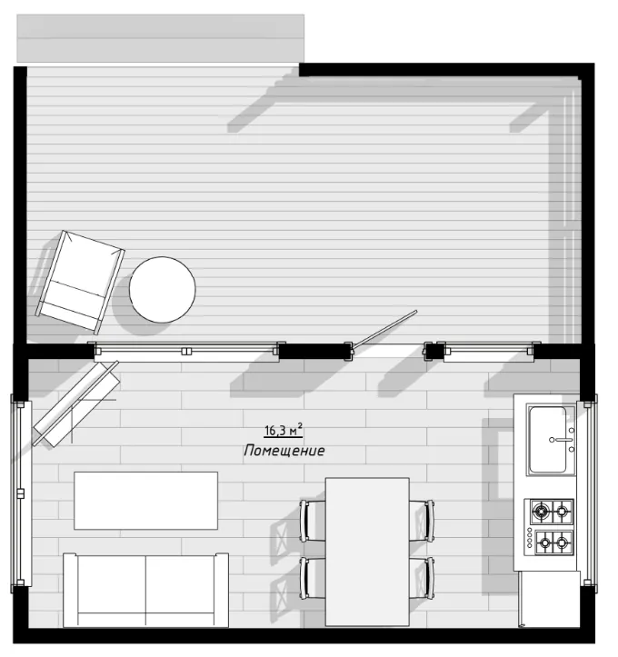 План: Садовый дом 6х6 с террасой 3х6, 36 м²