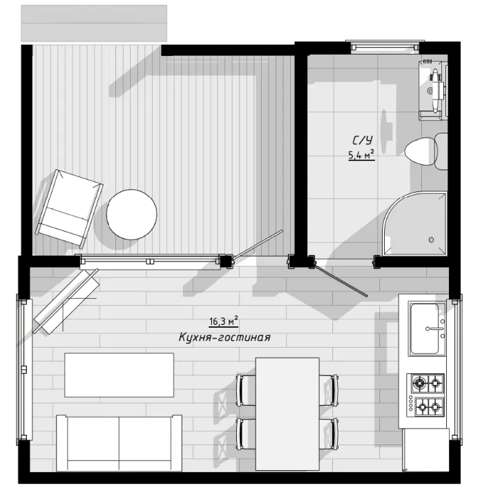 План: Шале-Мини 6х6 с террасой 3х4, 36 м²