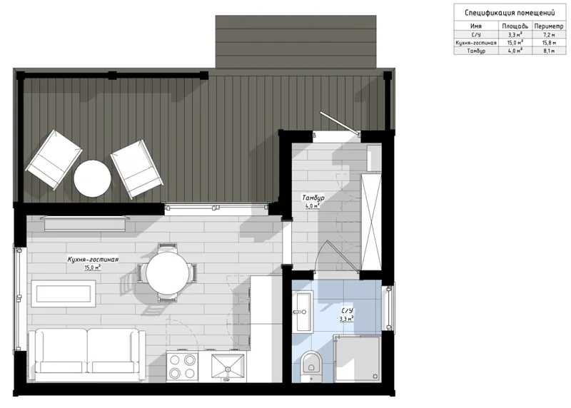 План: Шале-Мини 6х6 с террасой 3х6, 36 м²